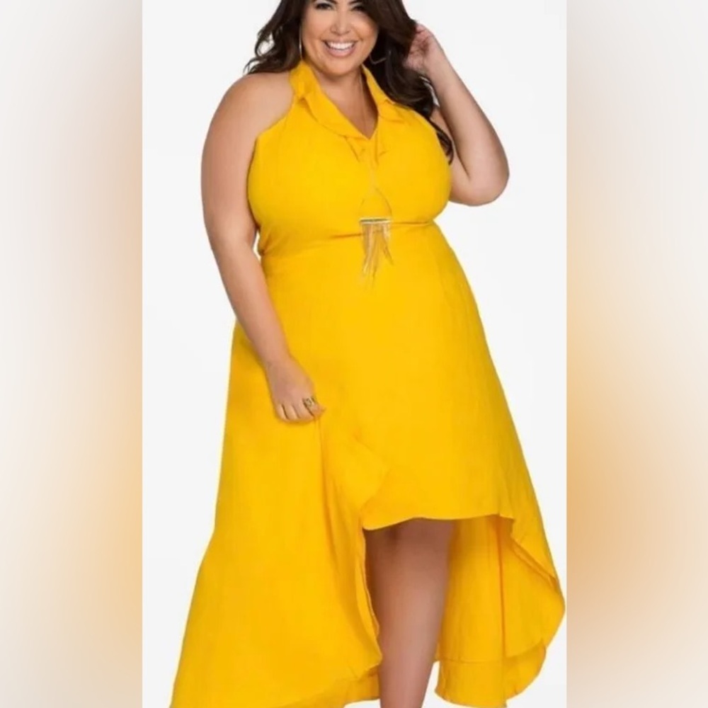 Ashley Stewart high low ruffle halter linen blend maxi dress